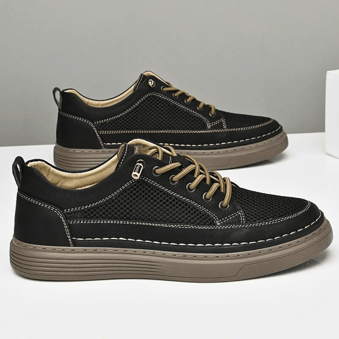 Nortvale - AirMesh Genuine Leather Sneakers - 14:193#Black;200000124:200000334