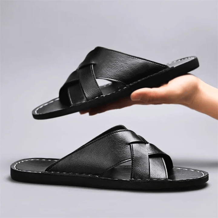Nortvale - Genuine Leather Beach Slippers - 14:193#Black;200000124:200000898